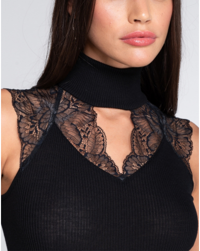 Ribbed mock neck tank top wool and silk with leavers lace Oscalito 7611 (Black)