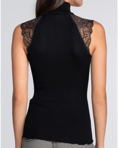 Ribbed mock neck tank top wool and silk with leavers lace Oscalito 7611 (Black)