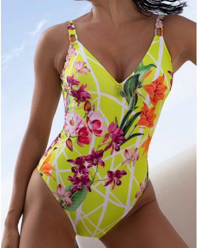 One-piece opened support swimsuit Lise Charmel Fleurs Splendeur (Splendeur Lime)