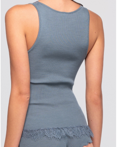 Camiseta de tirantes acanalada de lana y seda con encaje de Chantilly Oscalito 7641(Zucchero)