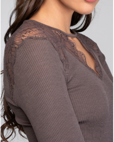 Ribbed shirt in wool and silk Leavers Lace Oscalito 7612 (Taupe)