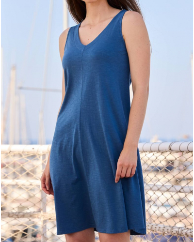 100% Cotton Sleeveless V-Neck Beach Dress Massana (Blue)