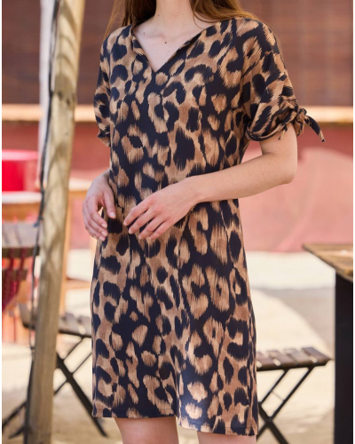Vestido de Playa de Manga Corta Leopardo Massana (Negro)