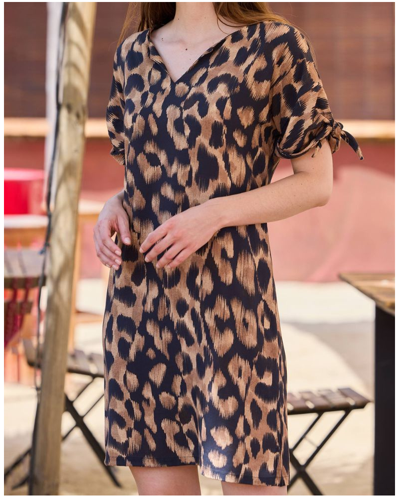 Short-Sleeve Leopard Beach Dress Massana (Black)