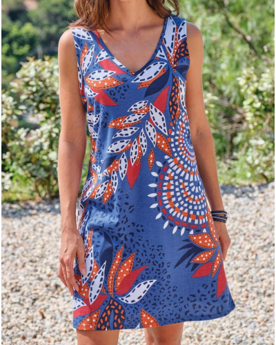 100% Cotton Sleeveless Feuilles Beach Dress Massana (Blue)