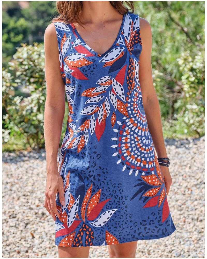 Vestido de Playa Sin Mangas Feuilles Massana 100% Algodón (Azul)