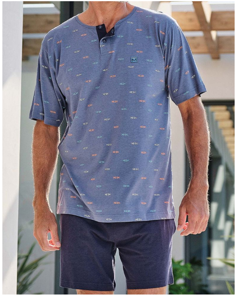 Short Cotton Pajama with Buttoned Collar, Massana Patterns (Grey)