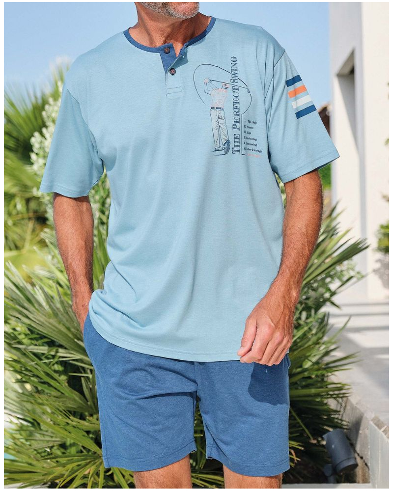 Pyjama court coton col boutnné The Perfect Swing Massana (Medium Blue)