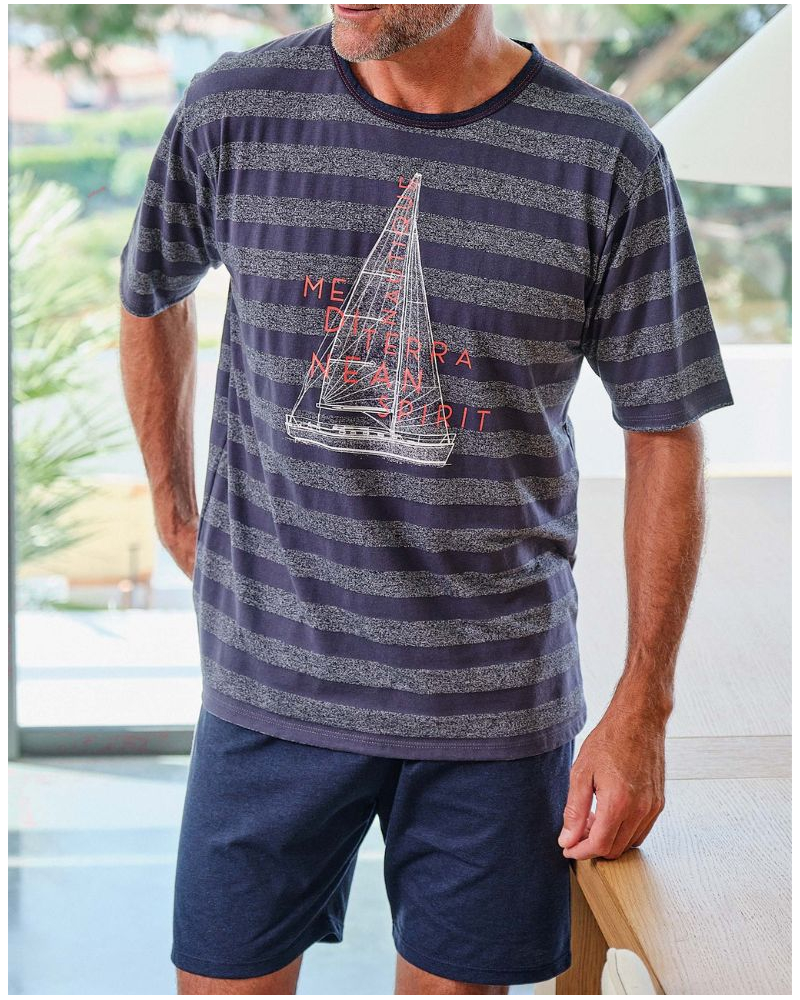 Short Cotton Striped Nautique Massana Pajama (Navy)