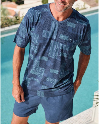 Pijama corto de algodón y modal con cuello en V y estampados Massana (Azul)