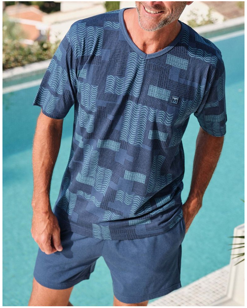 Short Cotton and Modal V-Neck Pajama with Patterns Massana (Blue)