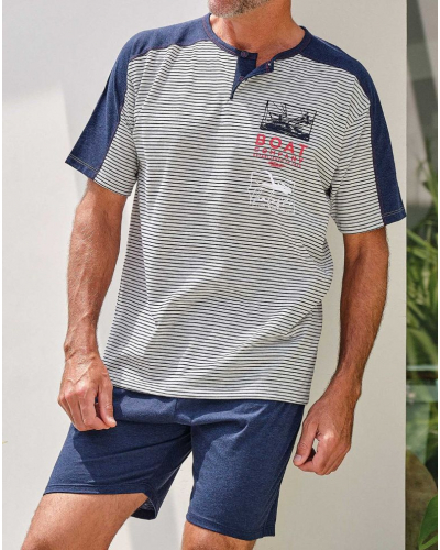 Pijama corto de algodón a rayas con cuello abotonado Massana (Melange Navy)
