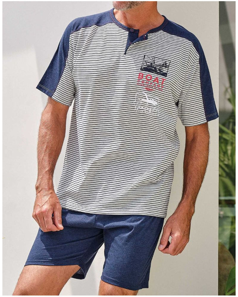 Pyjama court coton rayé col boutonné Massana (Melange Navy)