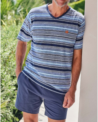 Short Pajama 100% Cotton Striped V-Neck Massana (Blue)