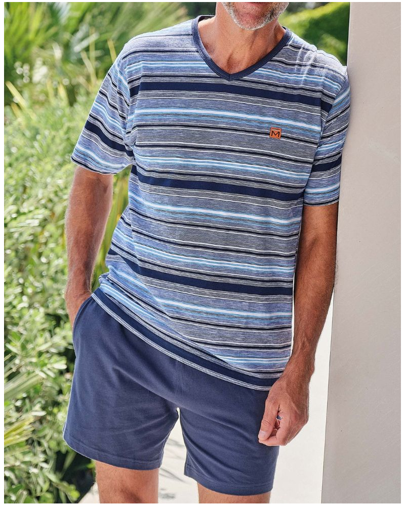 Pyjama court 100% coton rayé col V Massana (Bleu)
