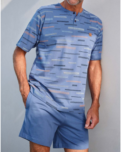 Short Pajama 100% Cotton Buttoned Collar Massana (Medium Blue)