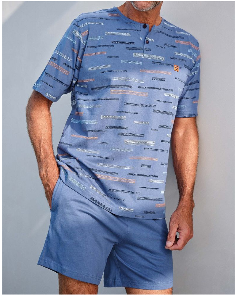 Short Pajama 100% Cotton Buttoned Collar Massana (Medium Blue)