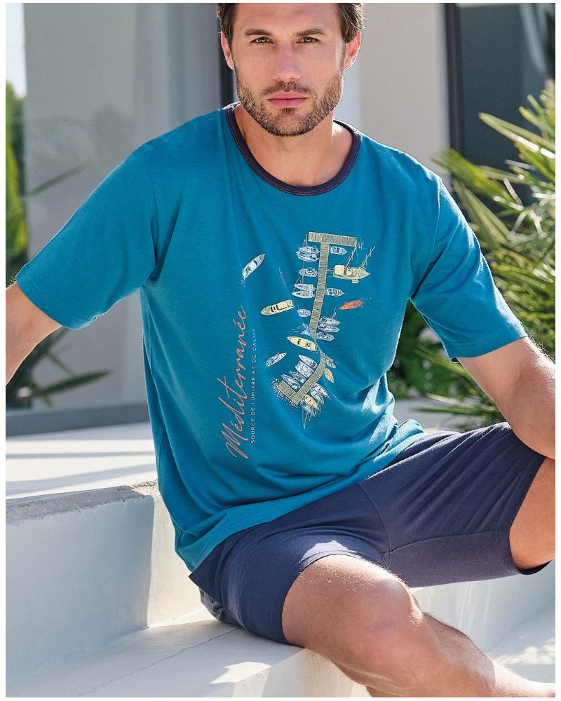Haut de pyjama à manches ultra courtes avec motif fleuri femme bleu