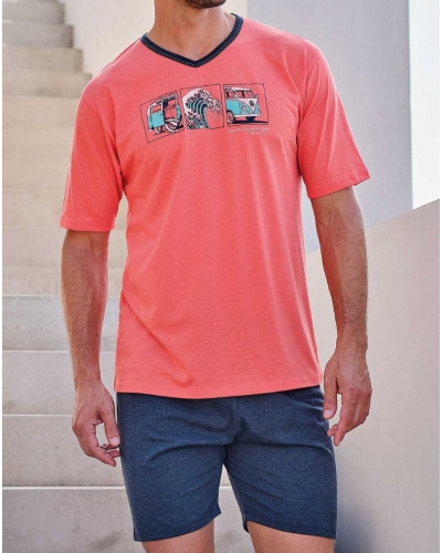 Short V-neck Cotton Massana Pajamas (Dark Coral)