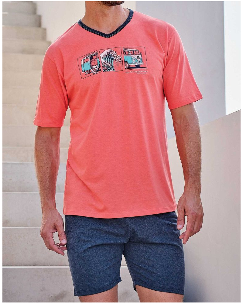 Short V-neck Cotton Massana Pajamas (Dark Coral)