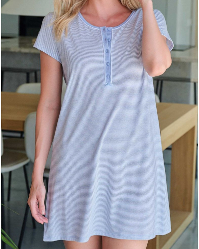 Short-Sleeved Striped Buttoned Nightshirt in Cotton Massana (Celeste)
