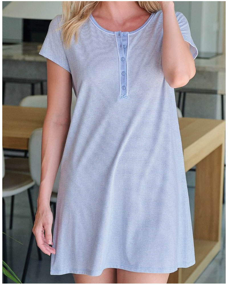 Short-Sleeved Striped Buttoned Nightshirt in Cotton Massana (Celeste)