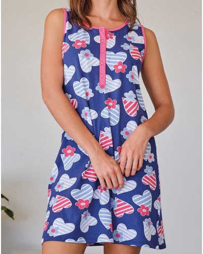 Massana Heart and Floral Buttoned Nightshirt 100% Cotton (Navy)
