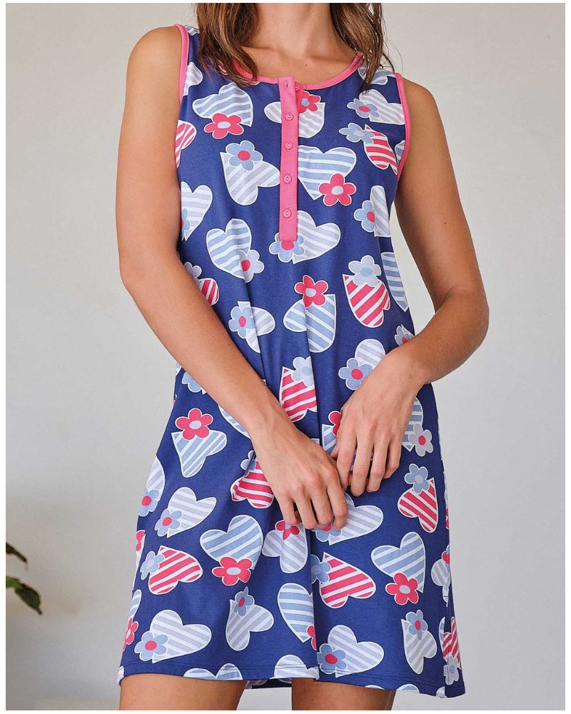 Massana Heart and Floral Buttoned Nightshirt 100% Cotton (Navy)