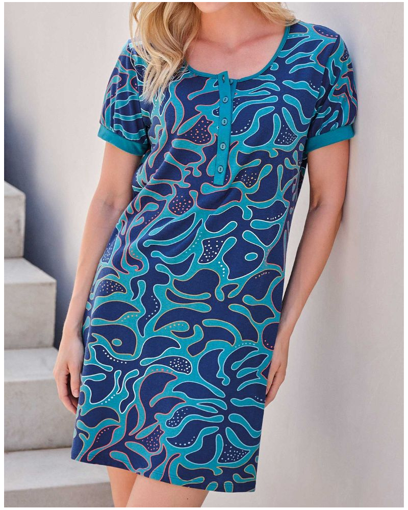 Massana Buttoned Crew Neck Nightshirt 100% Cotton (Petrol)