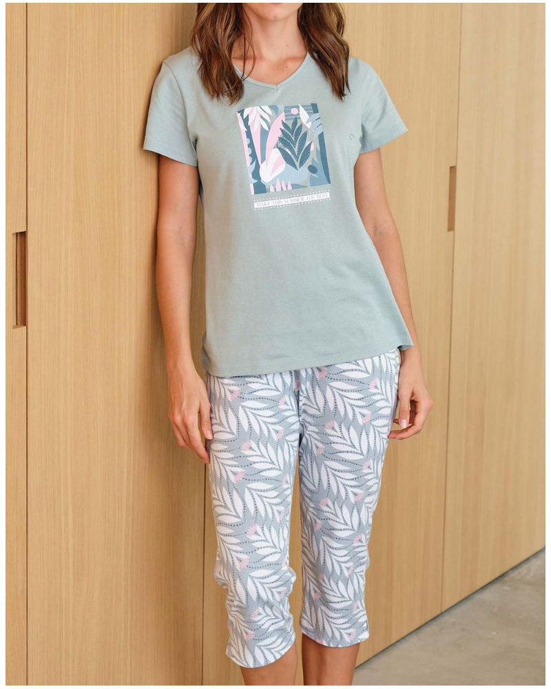 Pyjama court 100% coton Massana Feuilles (Kaki)