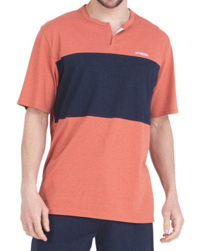 Athena Short Pajama with Fold-Over Collar Jersey 100% Cotton Chic (Terracotta / Navy)