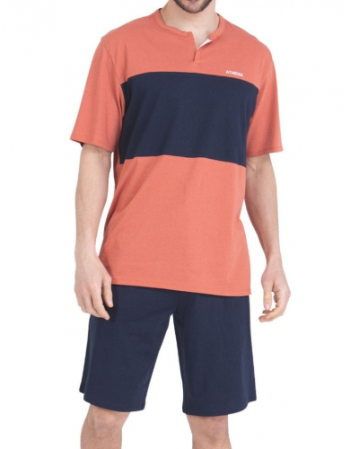 Pyjama court col rabat Jersey 100% coton Athena Chic (Terracotta / Marine)
