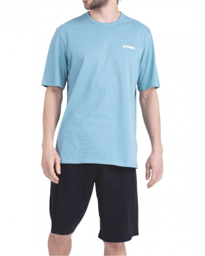 Pijama corto con cuello redondo de punto 100% algodón Athena (Azul Mineral / Negro)