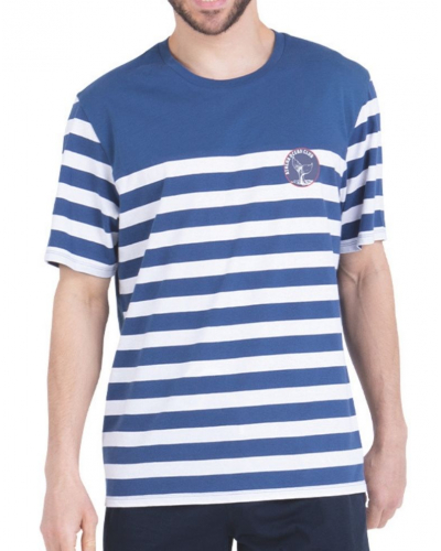 Pyjama court col O Jersey 100% coton Athena Rayures Ocean club (Bleu lavande / Marine)
