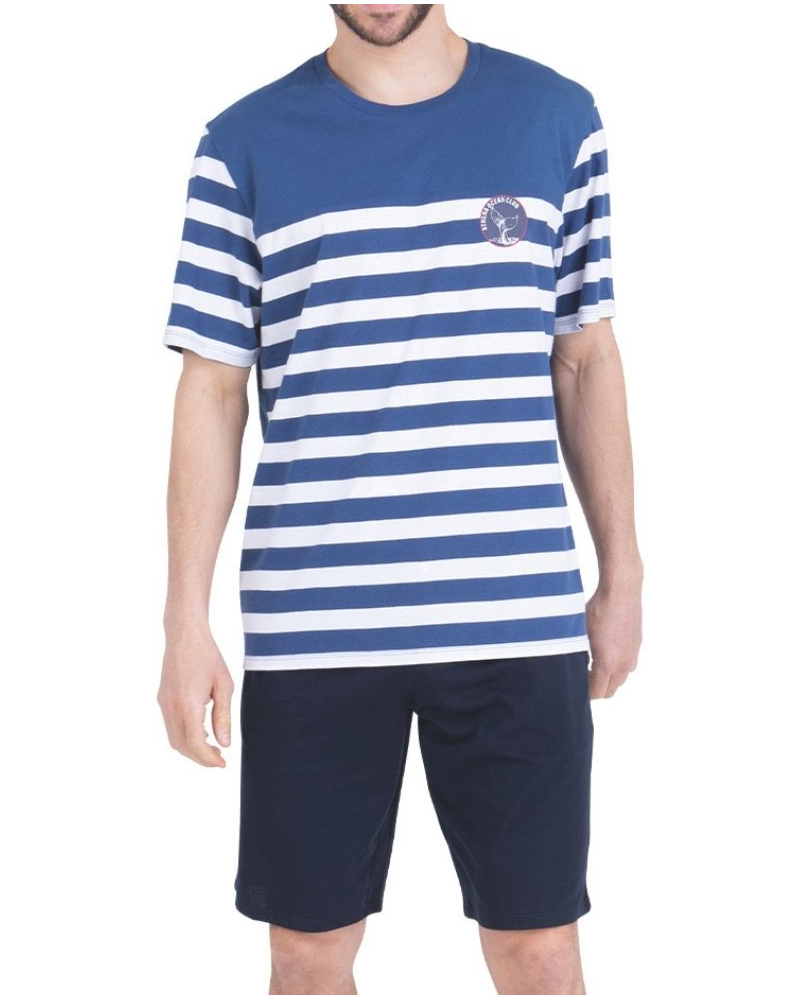 Athena Short Pajama with Crew Neck Jersey 100% Cotton Ocean Club Stripes (Lavender Blue / Navy)