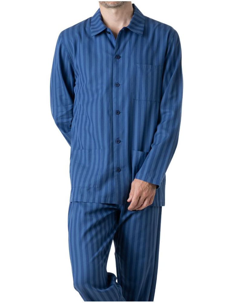 Pyjama Long 100% Coton Eminence Popeline (Rayure bleue)