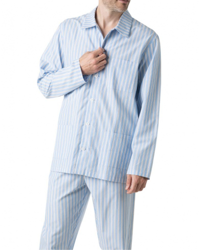 Long buttoned pyjamas 100% Cotton Eminence Popeline (Sky/Camel Stripe)