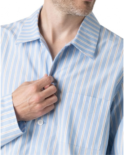 Long buttoned pyjamas 100% Cotton Eminence Popeline (Sky/Camel Stripe)