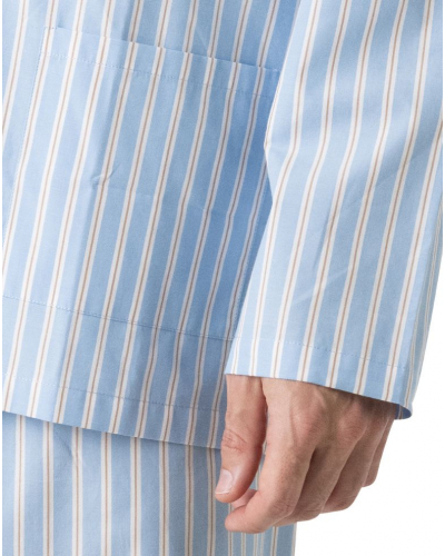 Long buttoned pyjamas 100% Cotton Eminence Popeline (Sky/Camel Stripe)