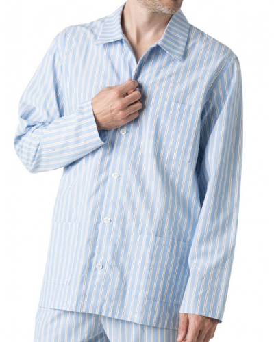 Pyjama long boutonné 100% Coton Eminence Popeline (Rayure ciel/camel)
