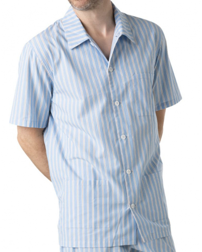 Pyjama court 100% coton Eminence Popeline (Rayure ciel/camel)