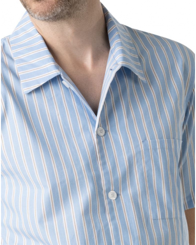 Pyjama court 100% coton Eminence Popeline (Rayure ciel/camel)
