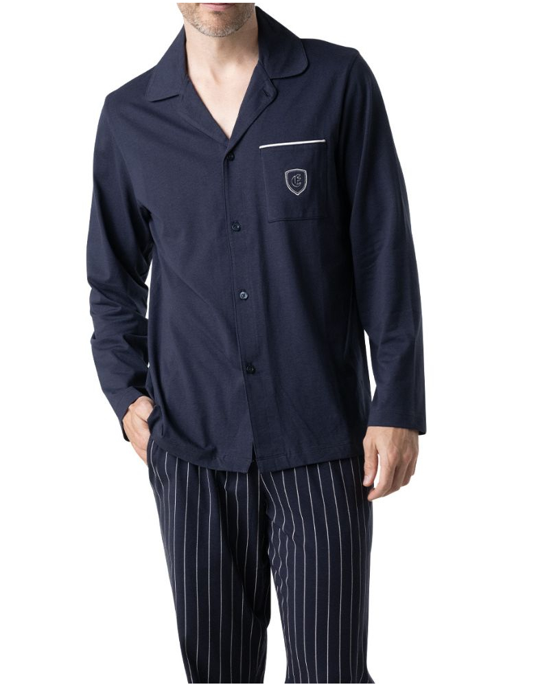 Long Buttoned Pyjamas in Jersey 100% Cotton Eminence (Navy)