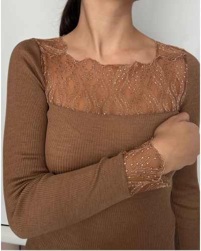 Top manches longues Moretta laine et soie 5969 (Cammello)