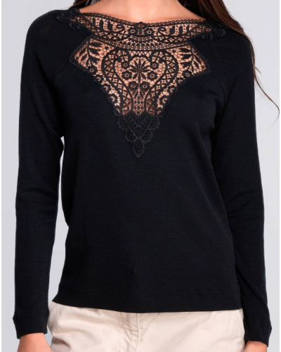 Top manches longues laine et soie macramé Oscalito 7607 (Noir)