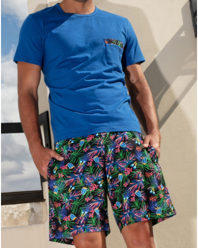 Pyjama court 100% Coton HOM Havana (Imprimé Tropical/Bleu)