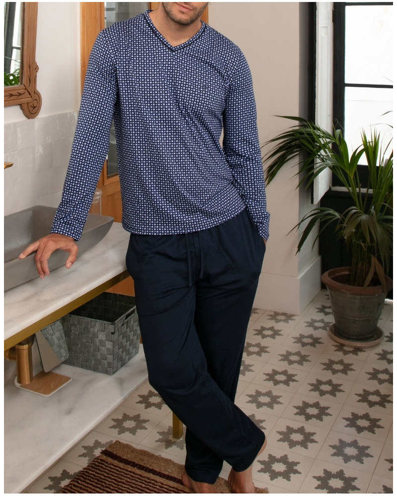 Cotton long pyjamas HOM Hampton (Imprimé Marine/Bleu)