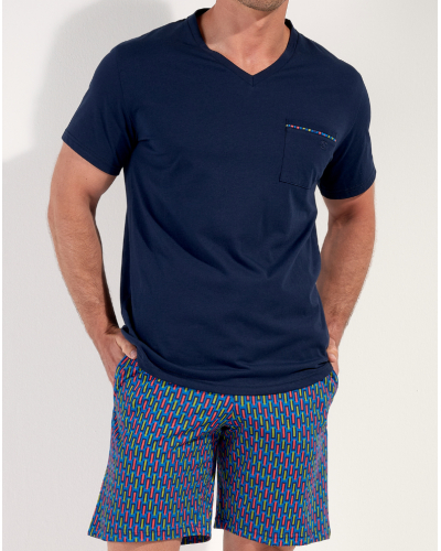 Pyjama court 100% Coton HOM Bellagio (Imprimé Bleu/Marine)