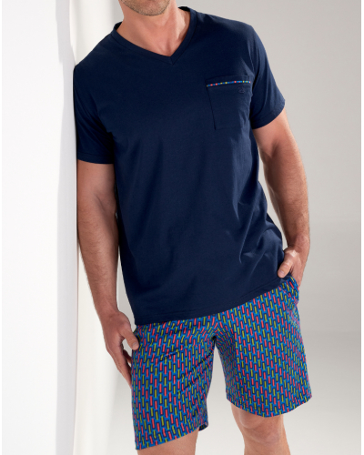 Pyjama court 100% Coton HOM Bellagio (Imprimé Bleu/Marine)