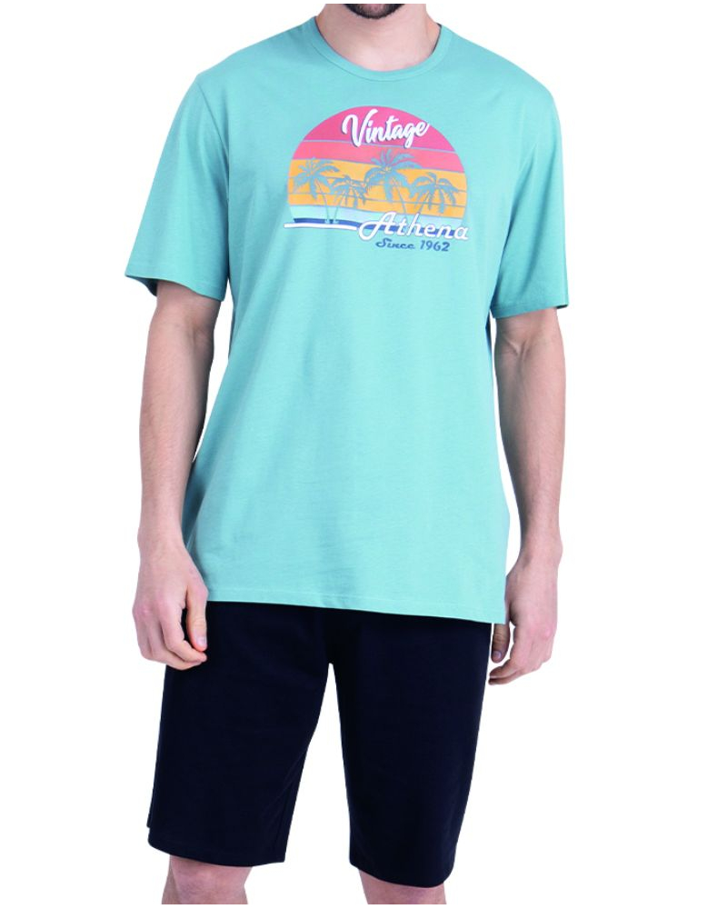 Athena Short Jersey Pajamas 100% Cotton Ecopack Vintage (Mineral Blue / Black)